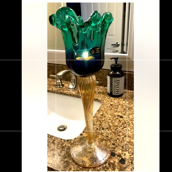 Beautiful Murano Green Crystal Glass Table Candle Holder - Picture 5 of 6